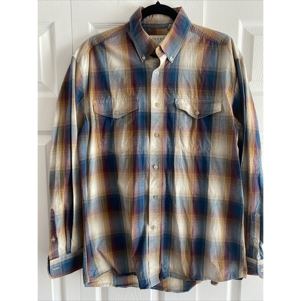 Roper Plaid Western Button Down Mens Size M Blue Tan Long Sleeve Cotton Blend